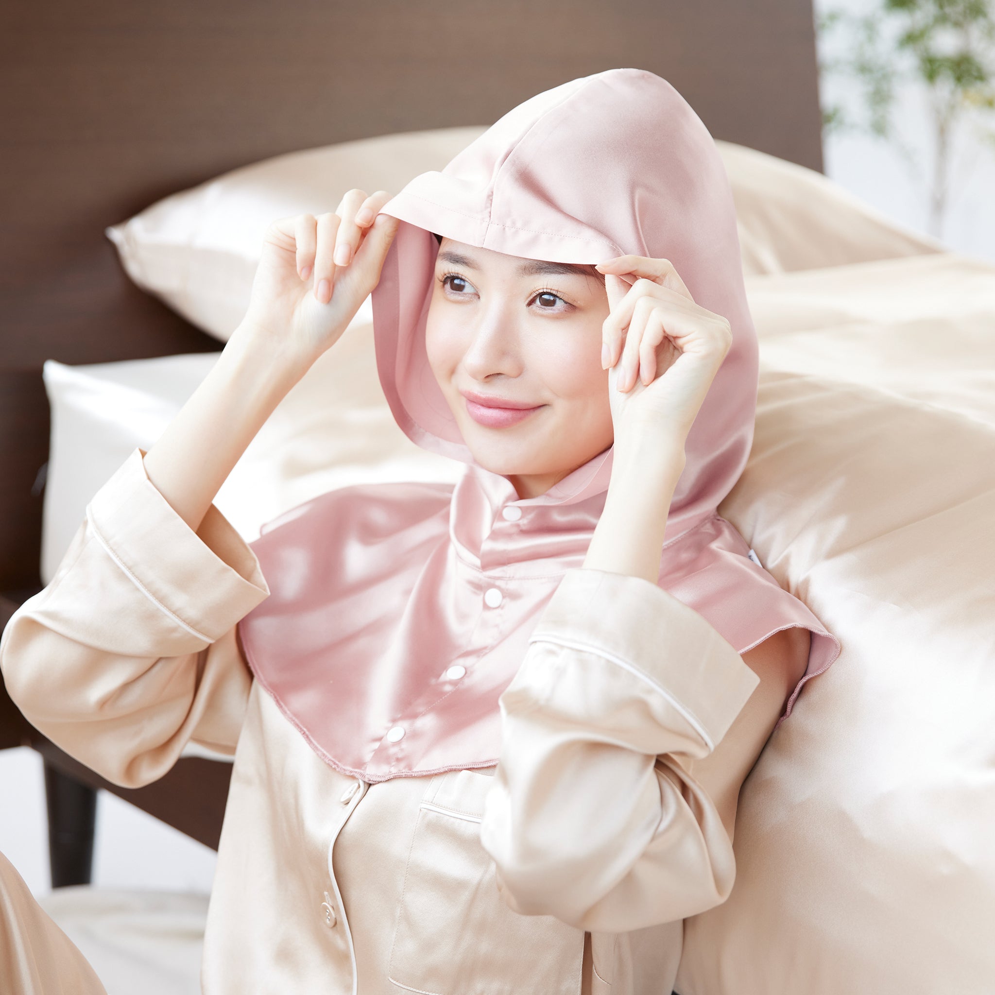 シルク100% ナイトキャップ フーディタイプ